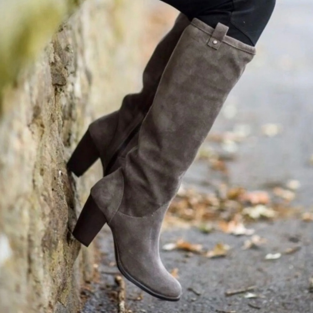 UGG Australia Ava Gray Suede Zip Knee Chunky High Heeled Riding Boots Sz 7.5 GUC